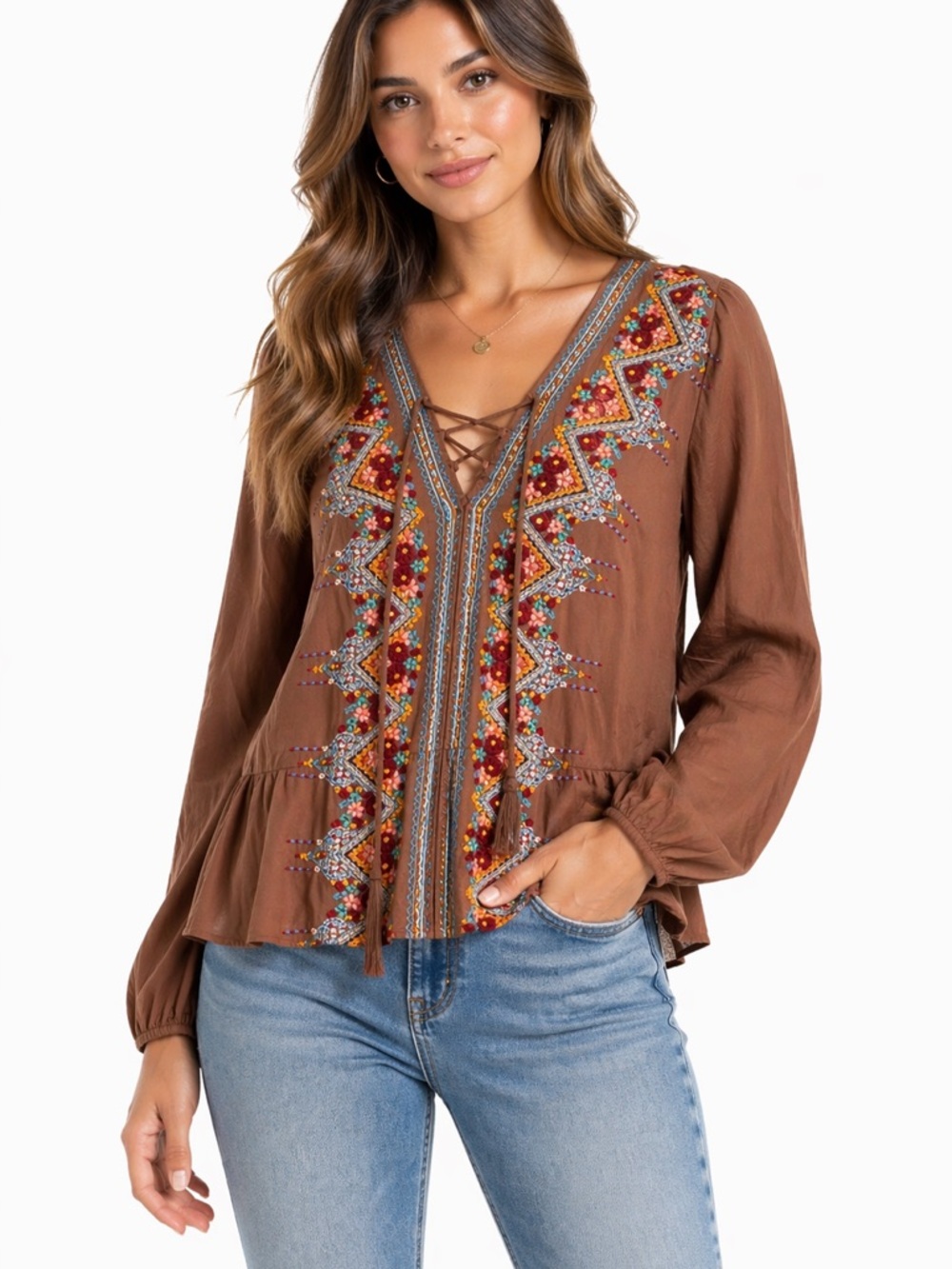 Andree by Unit Size Small Oversized Embroidered Boho Brown Women's Top